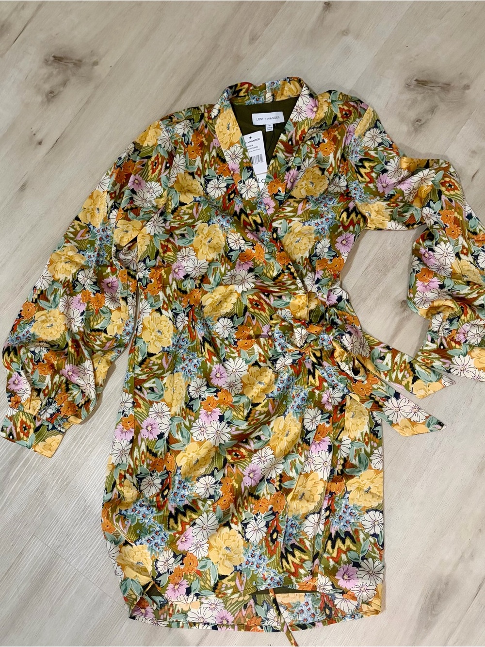 Lost + Wander Yellow Multi Floral Long Sleeve Wrap Dress